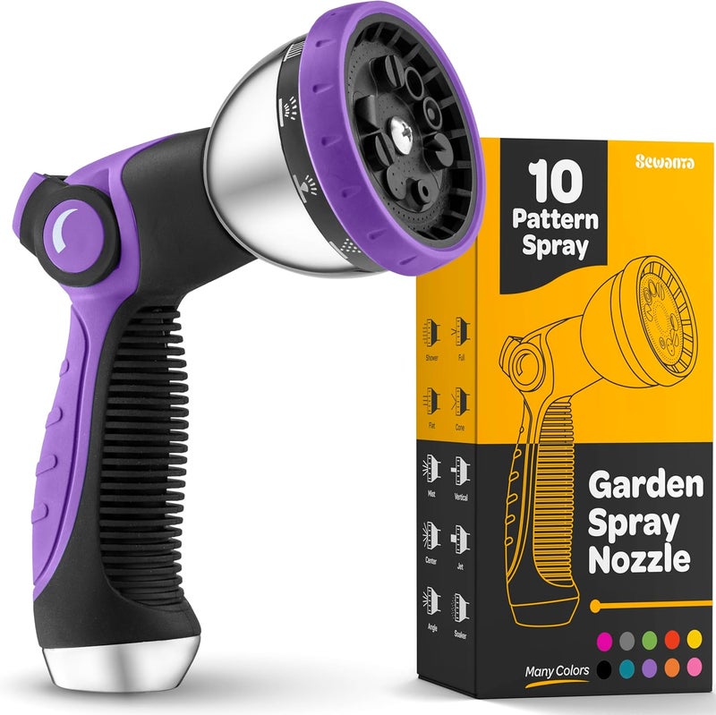 SEWANTA Hose Nozzle [Purple] Heavy Duty Hose Sprayer With 10 Adjustable Watering Patterns. Thumb Control Design, Comfortable Ergonomic Grip, Garden Hose Nozzle for Watering Plants & Lawns/Fun showers/Cleaning - Image 1